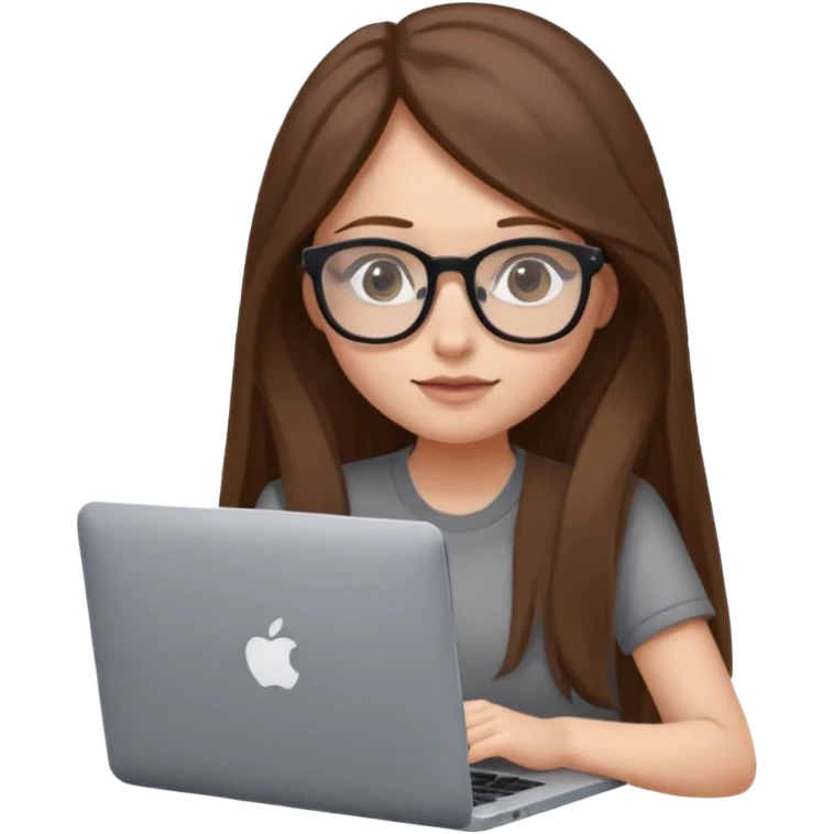 Girl in glasses,brown long hair, sitting with gray MacBook emoji