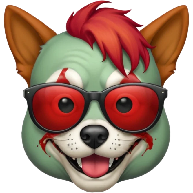 Zombie dog with sun glasses and red hair and joker nose emoji