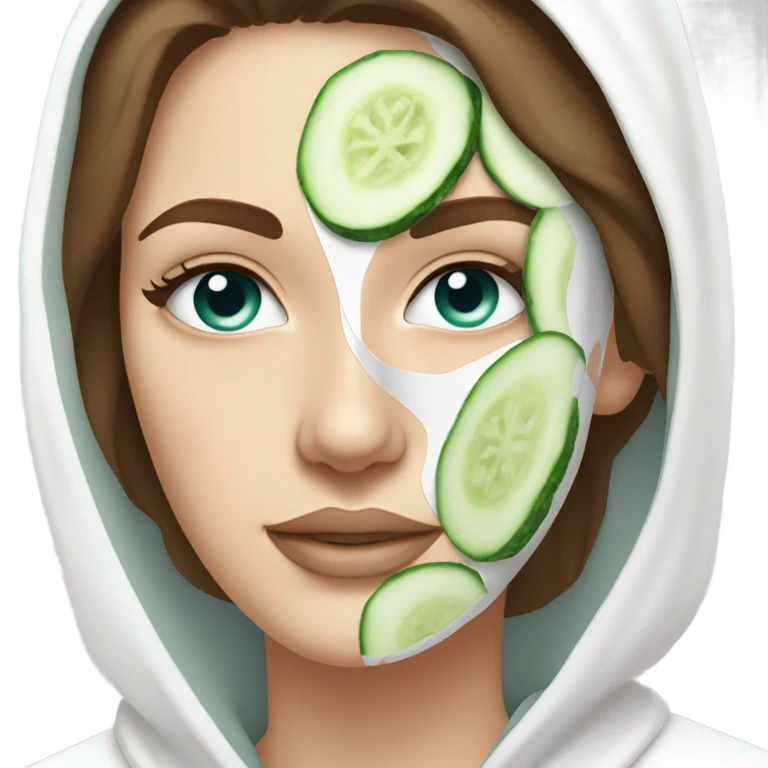 White girl with Brown hair and blue eyes wears a Green colored skincare clay textured mask and puts on cucumbers around her eyes while She relaxes in her white Robe emoji