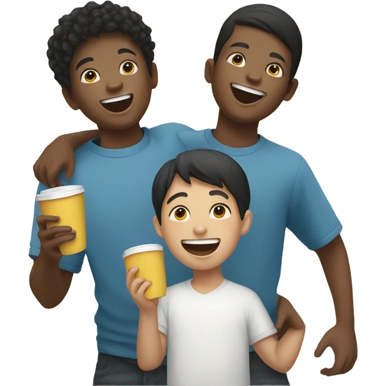 boys laughing together with cup one black one Asian emoji