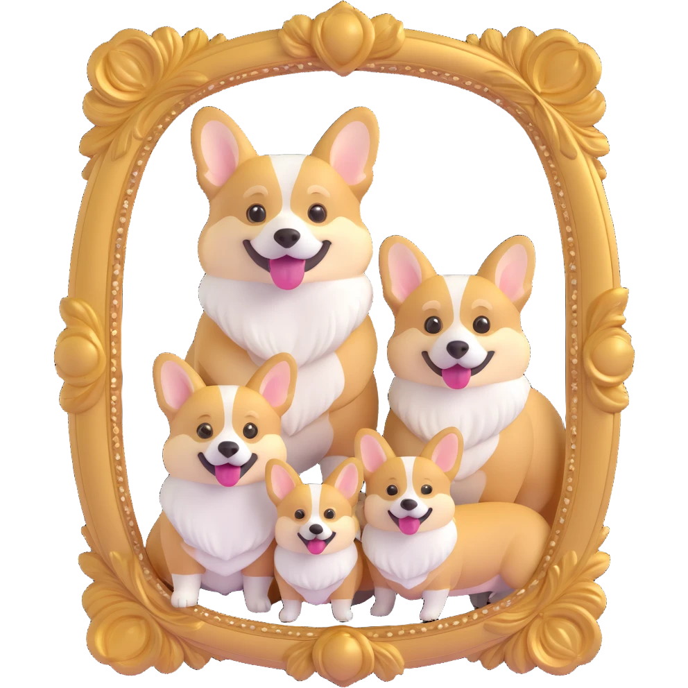 corgi family smiling in a gold ornate frame emoji
