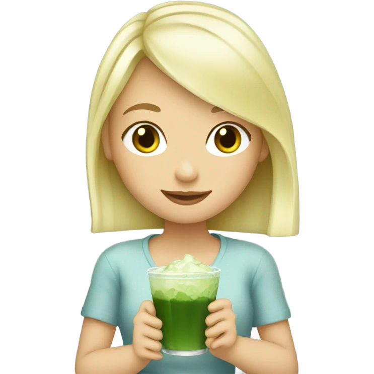 Blonde girl drinking an iced matcha emoji
