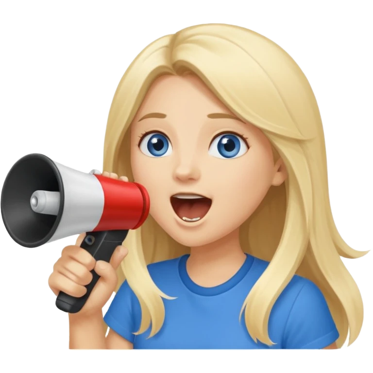  blue eyes blonde girl yelling into megaphone smiling long hair emoji