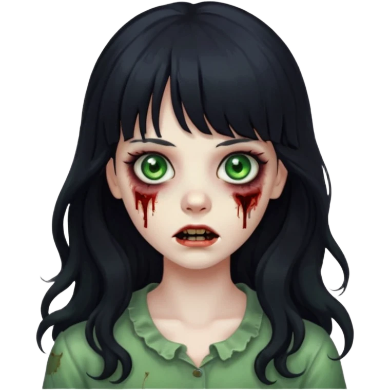 Zombie girl with long wavy black hair and bangs. emoji