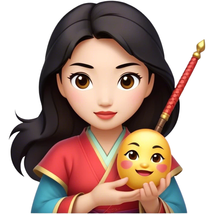 Cinematic Adorable Mulan Portrait Emoji, Playfully holding Cri-Kee in her hands, eyes sparkling with mischief, soft rosy cheeks, a warrior with a heart full of charm, radiant in the morning sunlight, glowing with warmth and joy! emoji