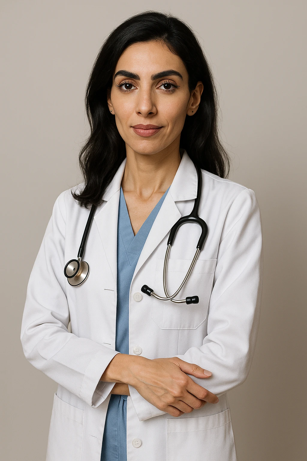 Arab doctor, 46 kg, 173 cm, medium black-brown hair, black eyes with long lashes and thick eyebrows, beautiful mouth, defined facial bone structure, prominent cheekbones, chin with a dimple (غمازة ذقن), wearing medical attire, elegant and professional appearance, standing, neutral background emoji