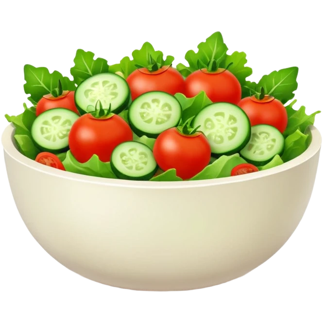 Salads avatar in clean emoji-style illustration. Fresh salad bowl with greens, tomatoes, cucumber, bright green tones, simple shapes, flat design, high contrast, light and healthy. emoji