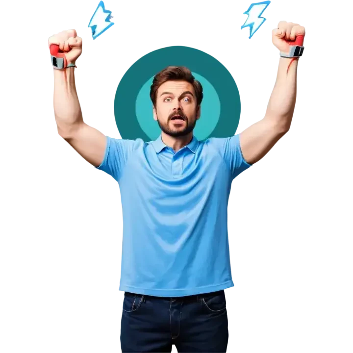 Man holding both arms in the air and holding an electrical cable der Man looks sad emoji