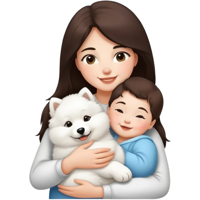 a shoulder-length brunette girl snuggles a cute smiling baby samoyed emoji