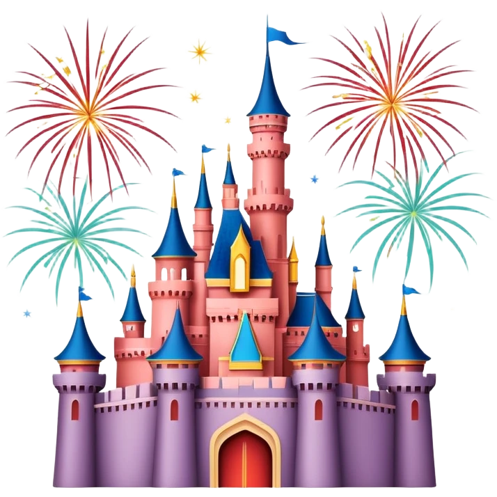 Shanghai Disney Castle with fireworks, simplified emoji style with bold outlines and bright colors, cartoon style fairy tale castle emoji