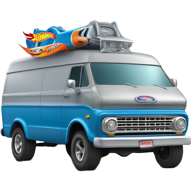 Side-on shot, Hot wheels, Hot rod, large panel van truck,1973 with exposed chrome exhaust pipes, blue, large wheels in back, logo “Stinky’s Diaper Cleaner” emoji