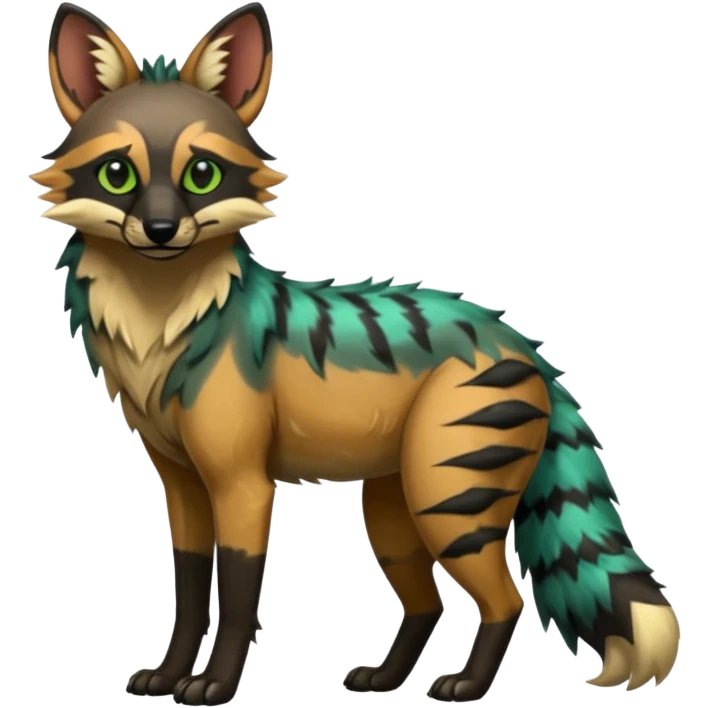 Shiny Green Colorful Dusky Dark Gloomy Glossy Aardwolf-Maned-Wolf-Bobcat-fusion-animal-hybrid-creature, full body emoji