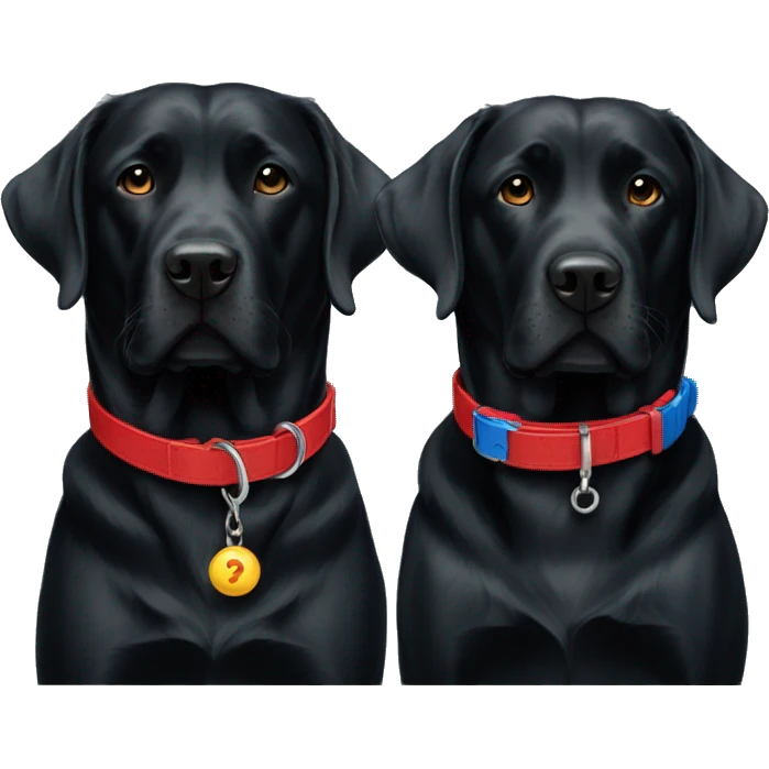 2 black labradors, 1 red collar, 1 blue collar. emoji