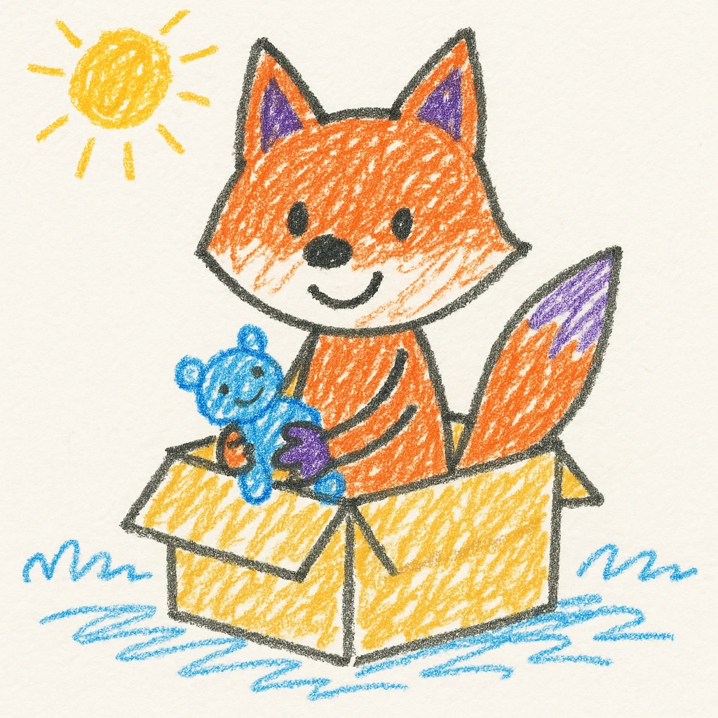 cute fox sitting in a cardboard box with playful expression, kids toy aesthetic, fox holding a toy emoji