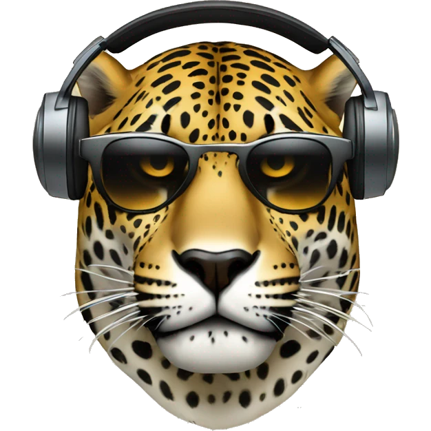 jaguar dj, emoji head, looking forward, wearing dark sunglasses, wearing over-ear headphones on top of head emoji