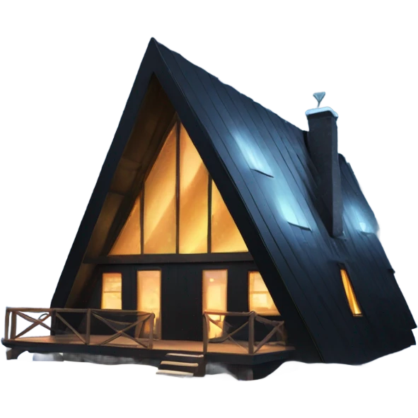 Black A-Frame Cabin with glowing windows and snowing emoji