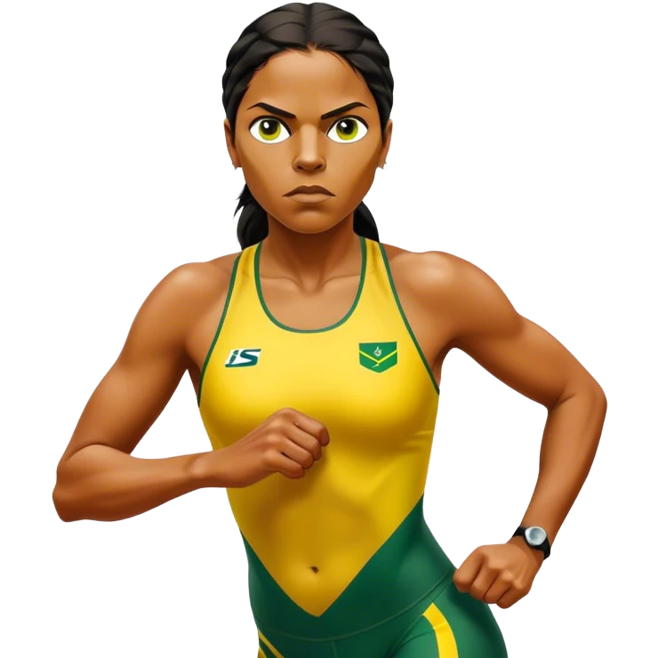 Cinematic Realistic portrait of Cathy Freeman, shown as an iconic Australian sprinter with a focused, determined expression and modern athletic yellow and green attire accented with subtle native motifs, rendered in dynamic, vibrant lighting emoji