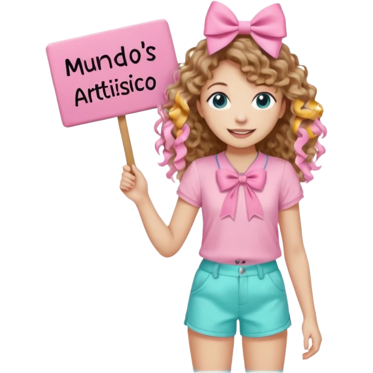 Crea una imagen mía kawai para stickers q tenga bonitos ojos cabello largo crespo color castaño claro y un hermoso moño rosa la blusa rosada y un hermoso chort color azul aguamarina y en sus manos un letrero q diga mundos Artistico Cc los zapatos estilo converse emoji