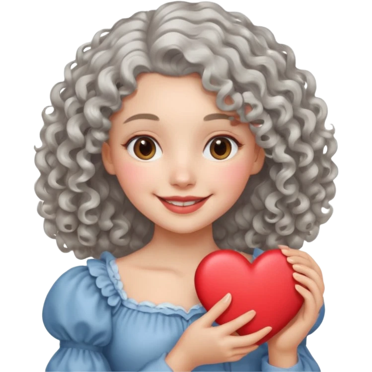 silvery curly/wavy shoulder-length hair smiling lady holding a heart less hair emoji