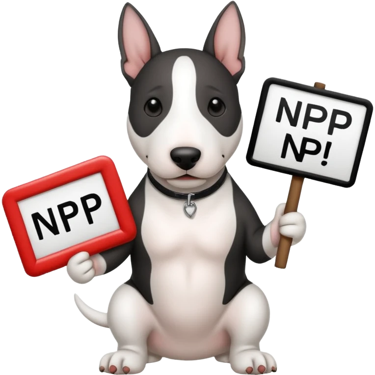 photo realistic bull terrier dog holding a sign that says "NP" emoji