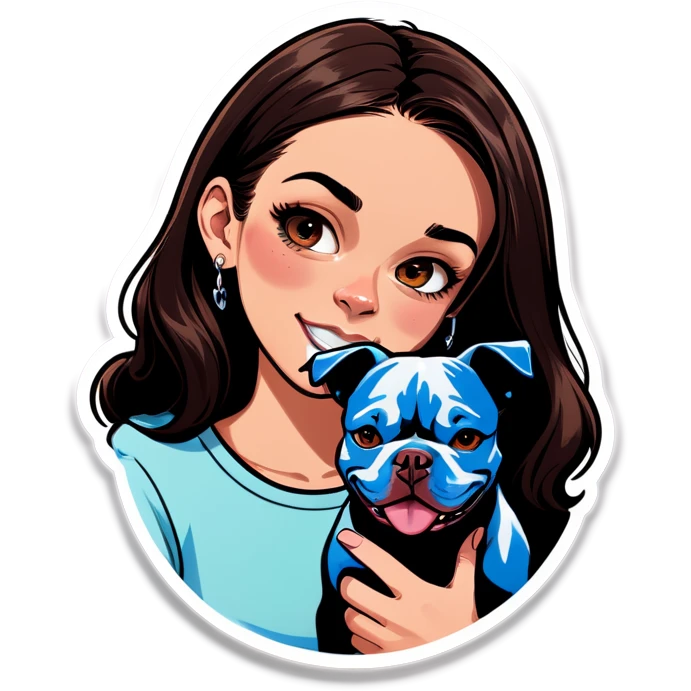 Slightly overweight beautiful girl with choppy long dark hair with her nose piercing and her black iPhone with her her pet pit bull girl with an underbite layed next to her emoji