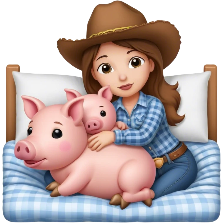 Cowgirl cuddling stuffed pig in bed  emoji