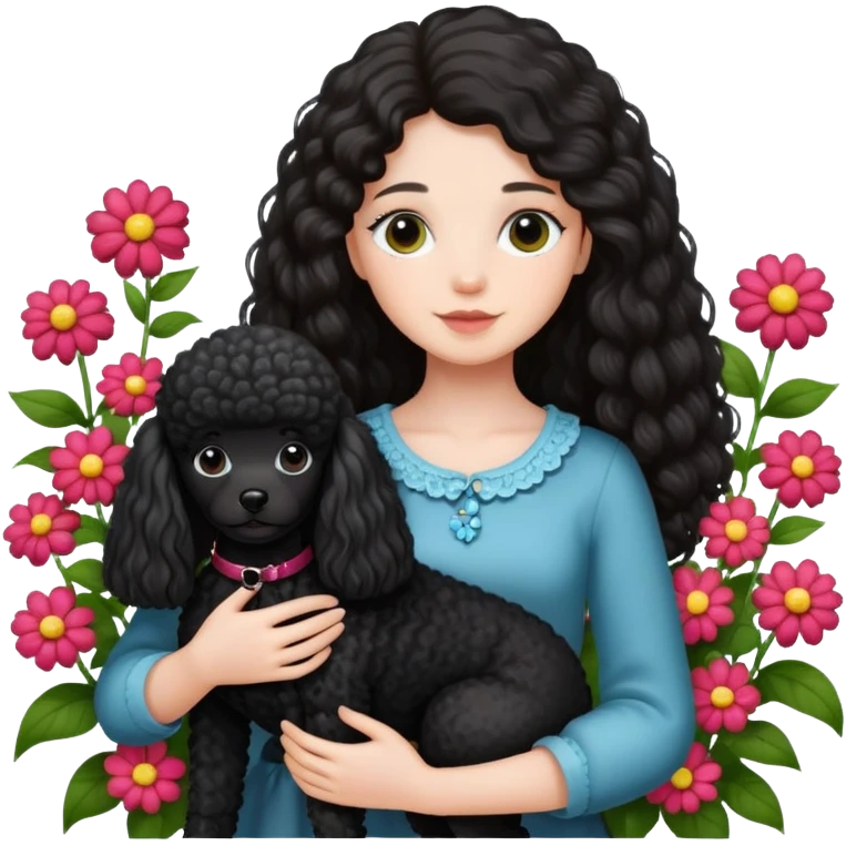 Long-haired girl holding a black poodle among flowers emoji