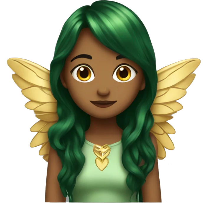 big wings, Beautiful, fairy, gold, brown, dark green, green, long hair emoji