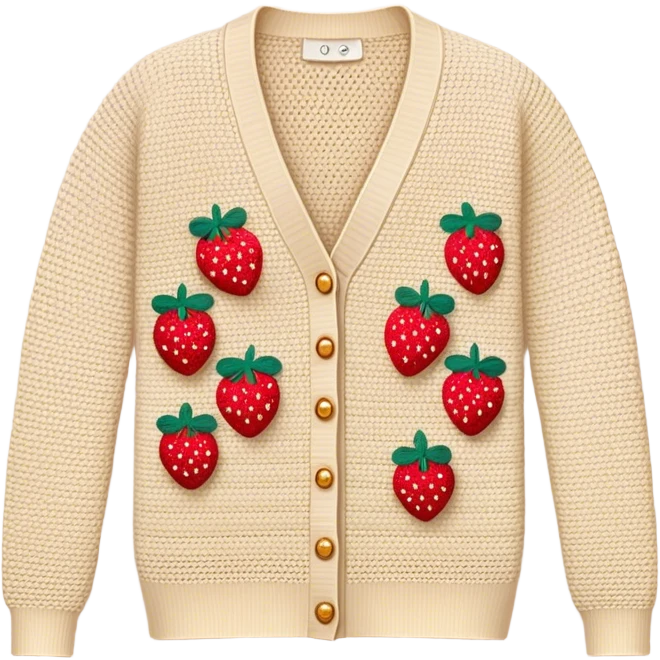 beige crocheted cardigan embroidered with small strawberries emoji