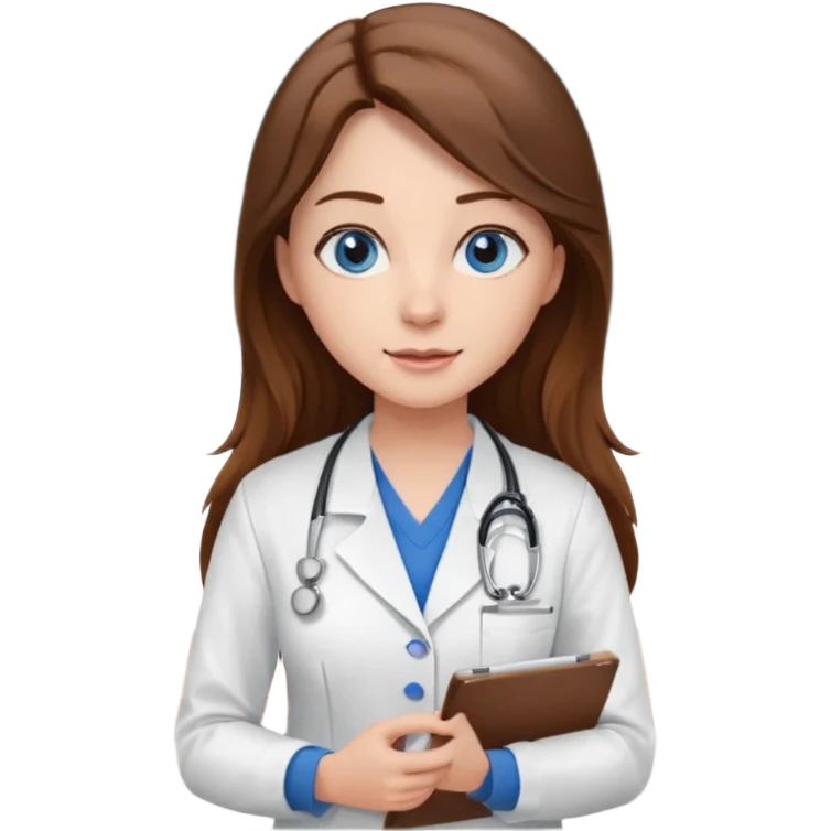 pretty female nursing student with long brown hair, blue eyes inside a classroom at university emoji