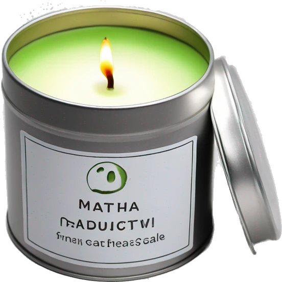 realistic, lit matcha scented candle, silver tin, small white label, text emoji