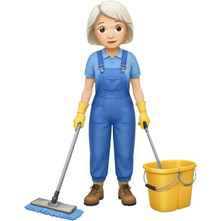 old women, Custodian with yellow rubber gloves, white T-shirt, blue overalls, mopping floor emoji