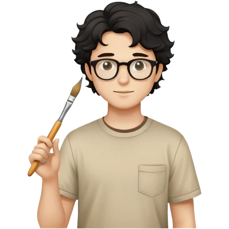 Young caucasian man with black wavy hair, round glasses, beige painting shirt, holding a square paintbrush emoji