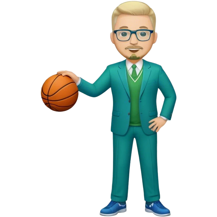 Full Body white male plus size wearing glasses with a goatee with light blonde and gray very short hair happy basketball head Coach in blue and green suit emoji