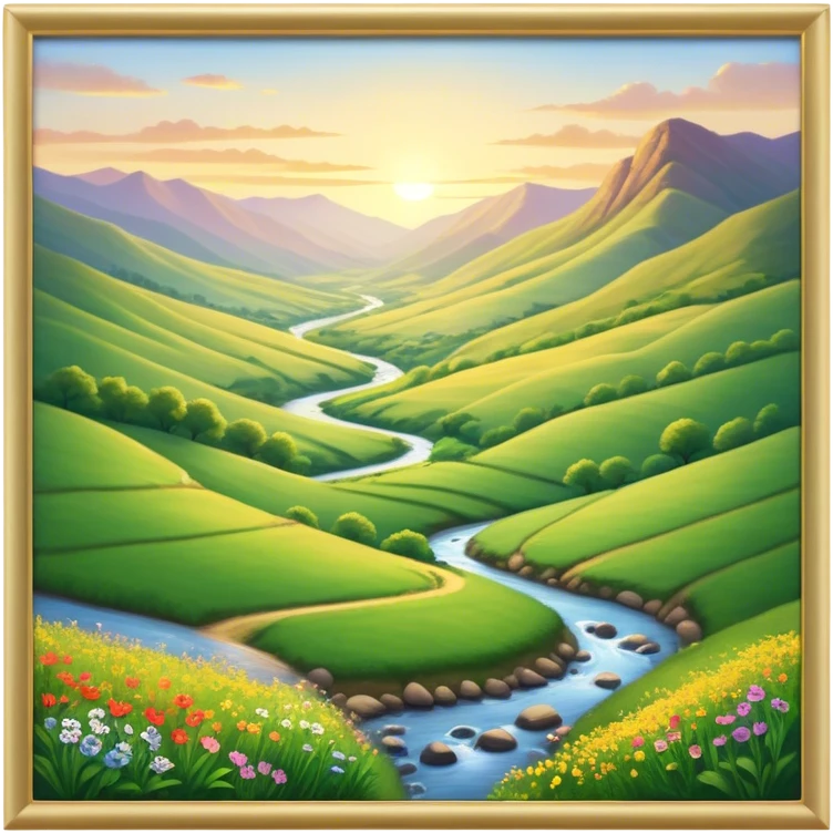 Cinematic Realistic Valley Emoji, Lush and serene, with gently sloping hills surrounding a vibrant green valley filled with wildflowers and a small stream. The soft, golden sunlight filters through the valley, casting peaceful, warm shadows across the landscape. Soft glowing outline, capturing the essence of natural peace and gentle beauty in a sprawling valley. emoji
