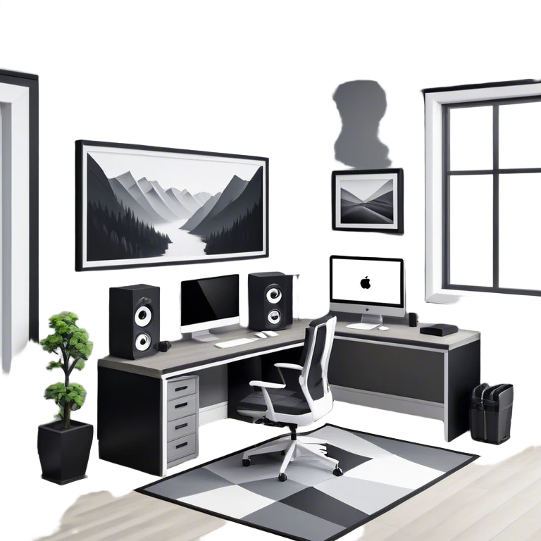 An isometric 3D room with two walls that meet at the back left and right. The floor is made of gray wood. The room is decorated in a modern black and white style. In front of the window is a wide desk with a large monitor and an open laptop, with a black gaming chair next to it. emoji