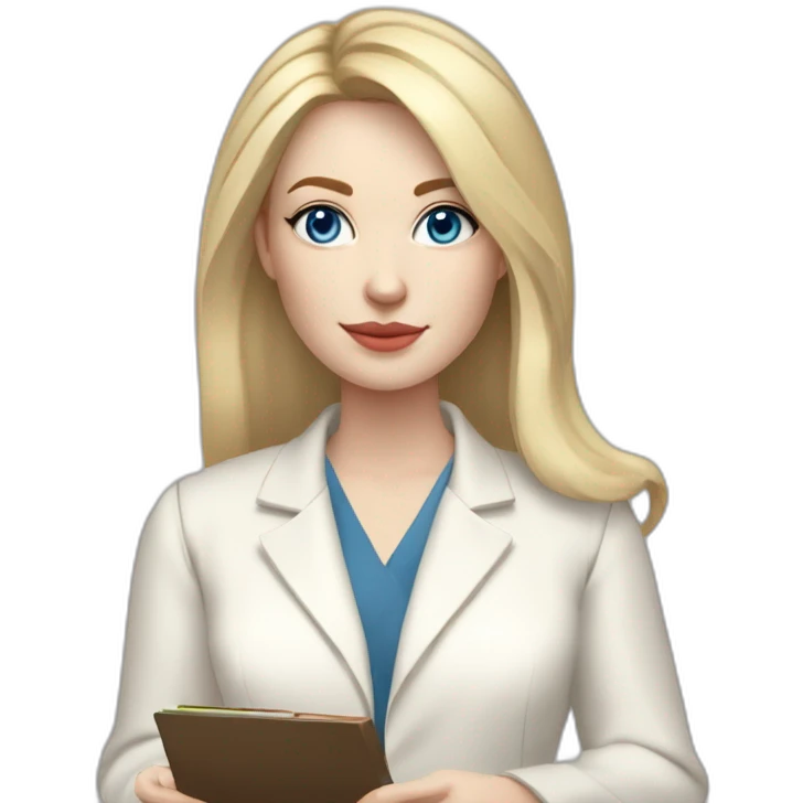 pale skin woman with blonde middle length straight line Hair to shoulders, blue eyes, White classical jacket, Gray Palazzo pants holding a color palette in the hands emoji