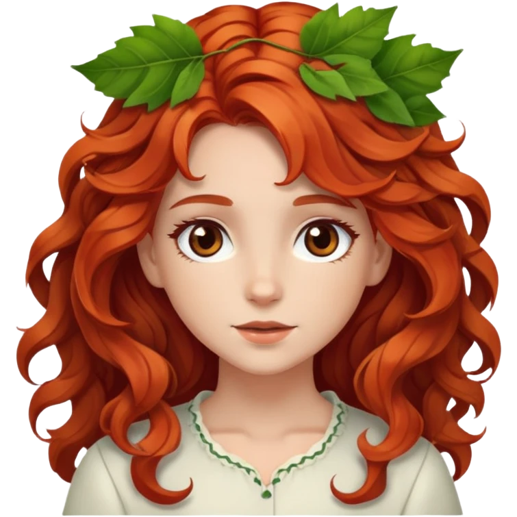 White red-haired girl with wavy hair and brown eyes, with some leaves in her hair. emoji