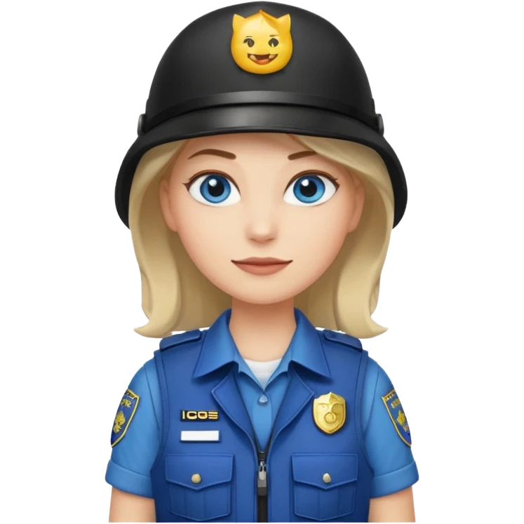 female law enforcement officer, white, khaki tactical vest, emoji look, clear face, friendly expression emoji