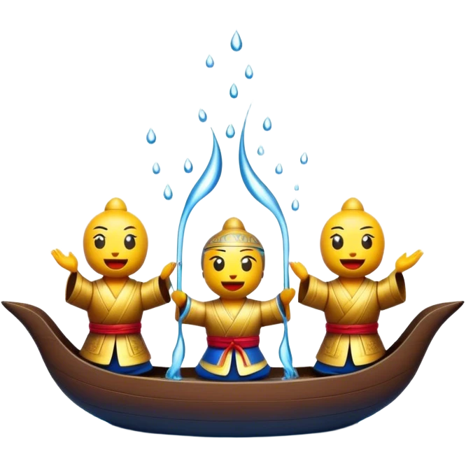 Cinematic Realistic Water Puppetry Emoji, depicted as a whimsical scene of traditional water puppets performing on a reflective water stage, rendered with vivid textures and dynamic playful lighting that captures its enchanting charm. emoji