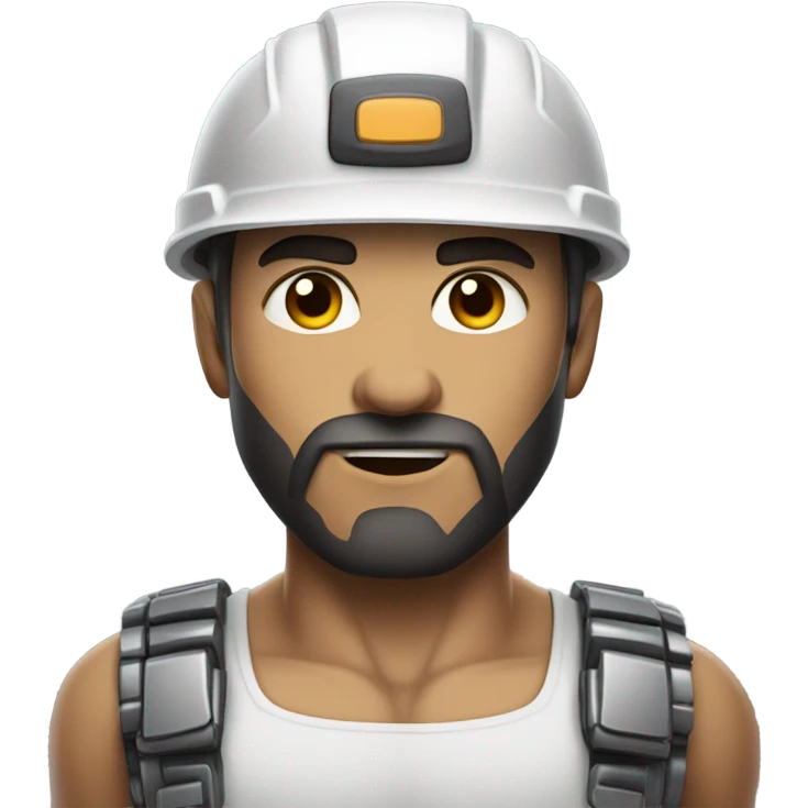 muscular cyborg face half human with short straight, dark hair, hardhat, and a neatly trimmed beard emoji