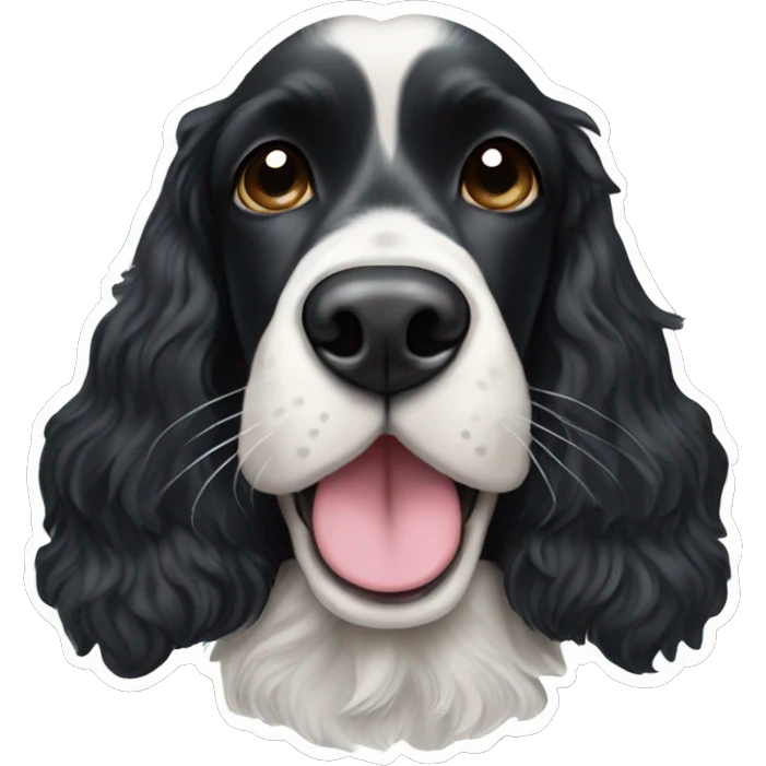 Black English cocker spaniel with tongue out and small white patch on top of nose  emoji