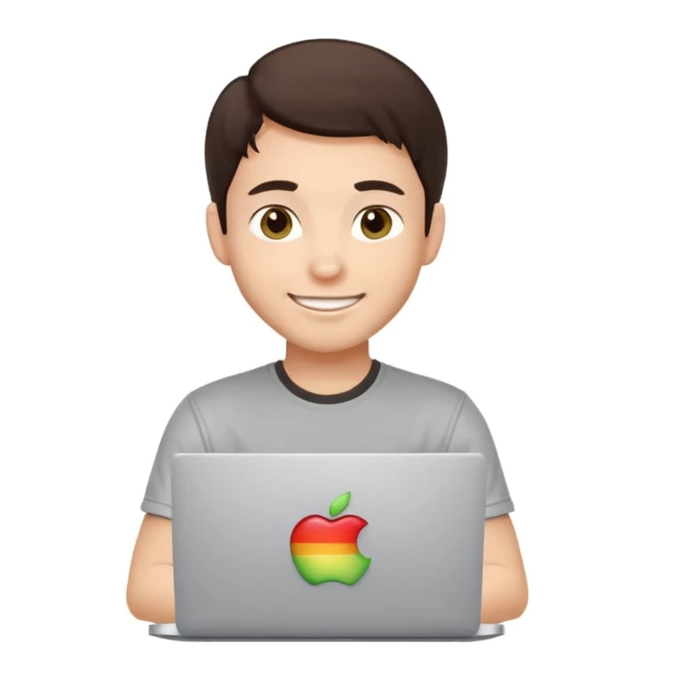 apple-style emoji of a happy young male developer, dark brown hair, hazel eyes, dimple, smiling and winking, tech t-shirt, sitting at a MacBook with Apple logo, light gray background emoji