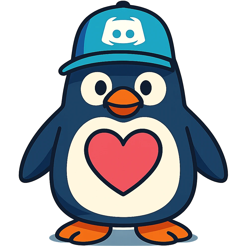 large penguin with a hat featuring the Discord logo and a large heart on chest emoji