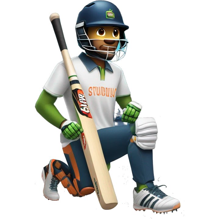 a person holding a cricket bat on one hand, and a laptop on the other hand. Also, wearing a cricket helmet, and a cool pair of shoes emoji