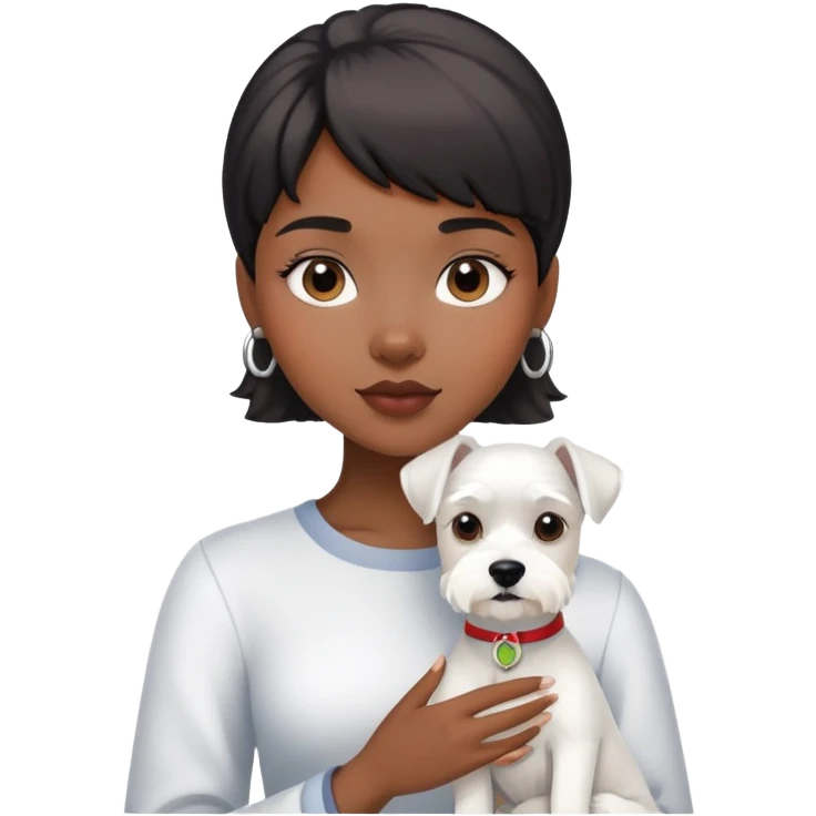 Black girl with short bangs holding a white schnauzer dog emoji