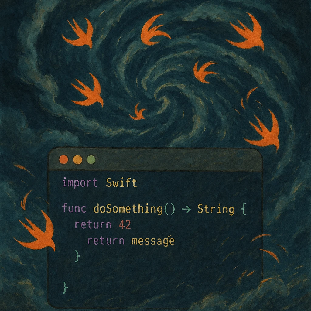 ghibli style illustration of a stormy code editor with swirling Swift symbols emoji