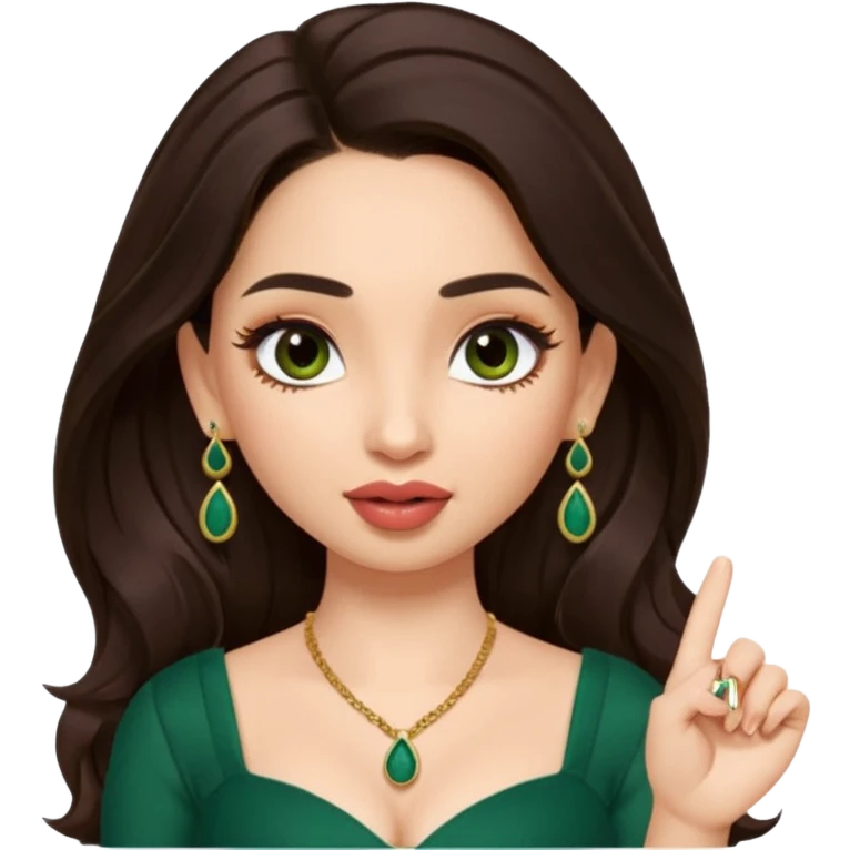 pretty bratz genmoji that looks like tamannah bhatia (bollywood actress), wearing a dark green sweetheart neckline top, dark brown hair, light makeup, no necklace, dangly earrings, side hair part, fair. dark brown eyes, long hair

Show her licking her finger  emoji
