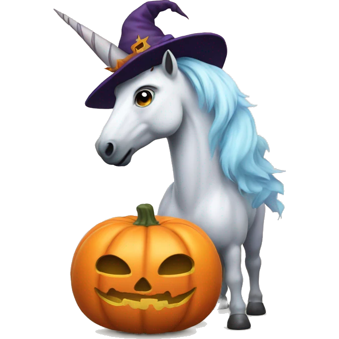 unicorn holding a pumpkin with witch hat emoji
