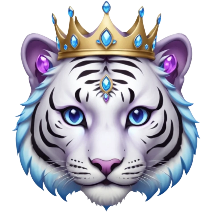 ESO Female white/black tiger khajiit leader of the umbral rose, glowing blue eyes, glowing blue 'third eye' gem; silver crown/tiara with purple gems emoji